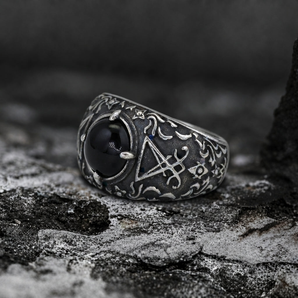 Black Onyx Sigil of Lucifer Baroque Ring
