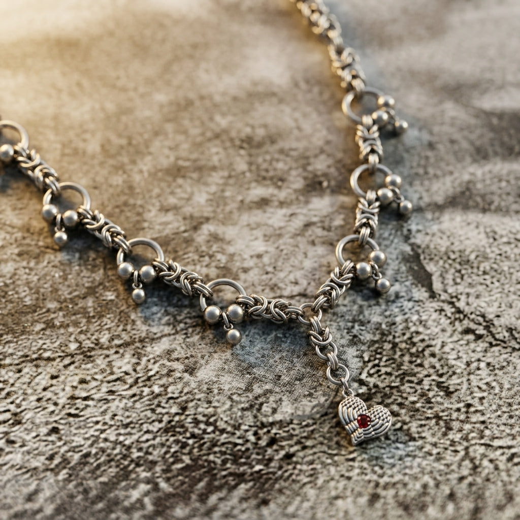 Red Crystal Winged Heart Byzantine Barbell Necklace