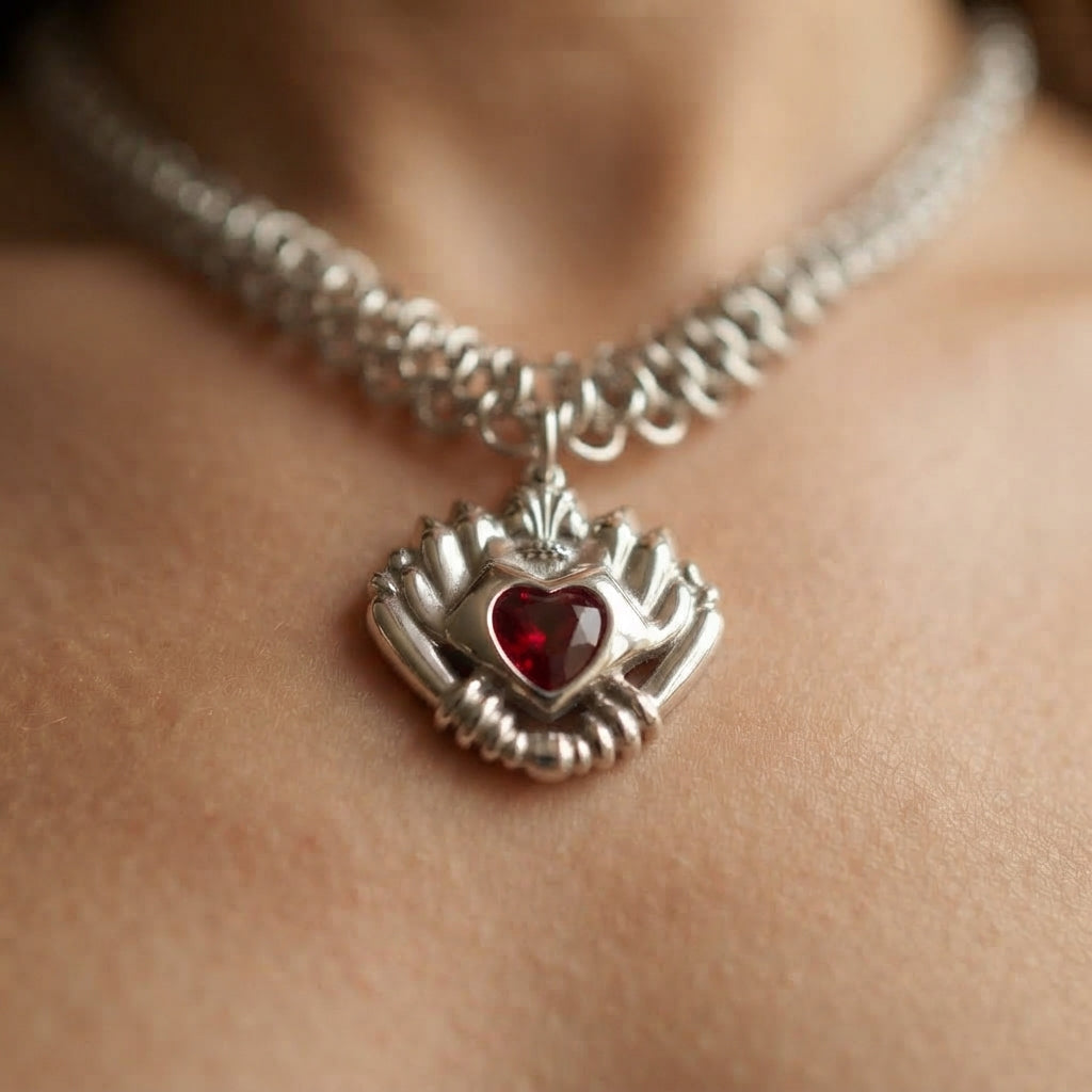 Red Crystal Sacred Heart Chainmaille Necklace