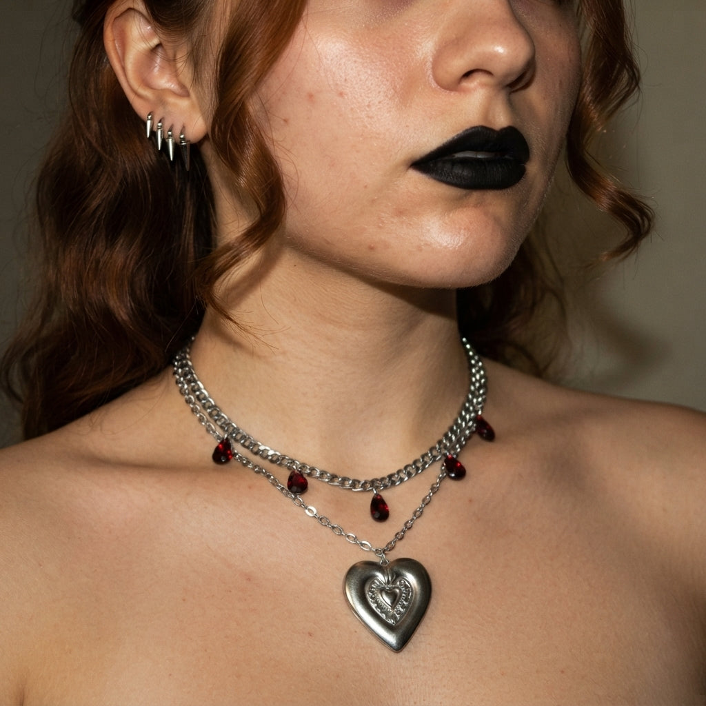 Blood Red Teardrop Sacred Heart Layered Chain Necklace