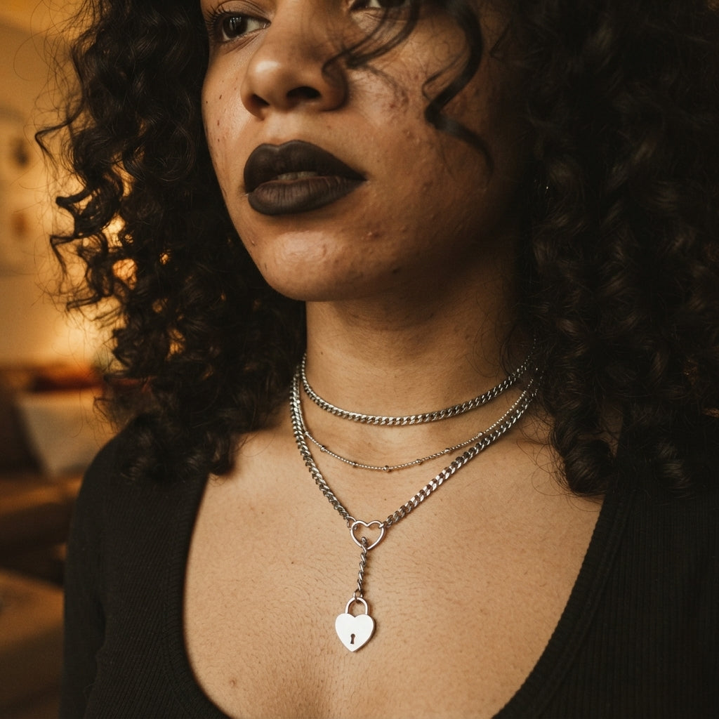 Silver Heart Padlock Ring Lariat Curb Chain Necklace