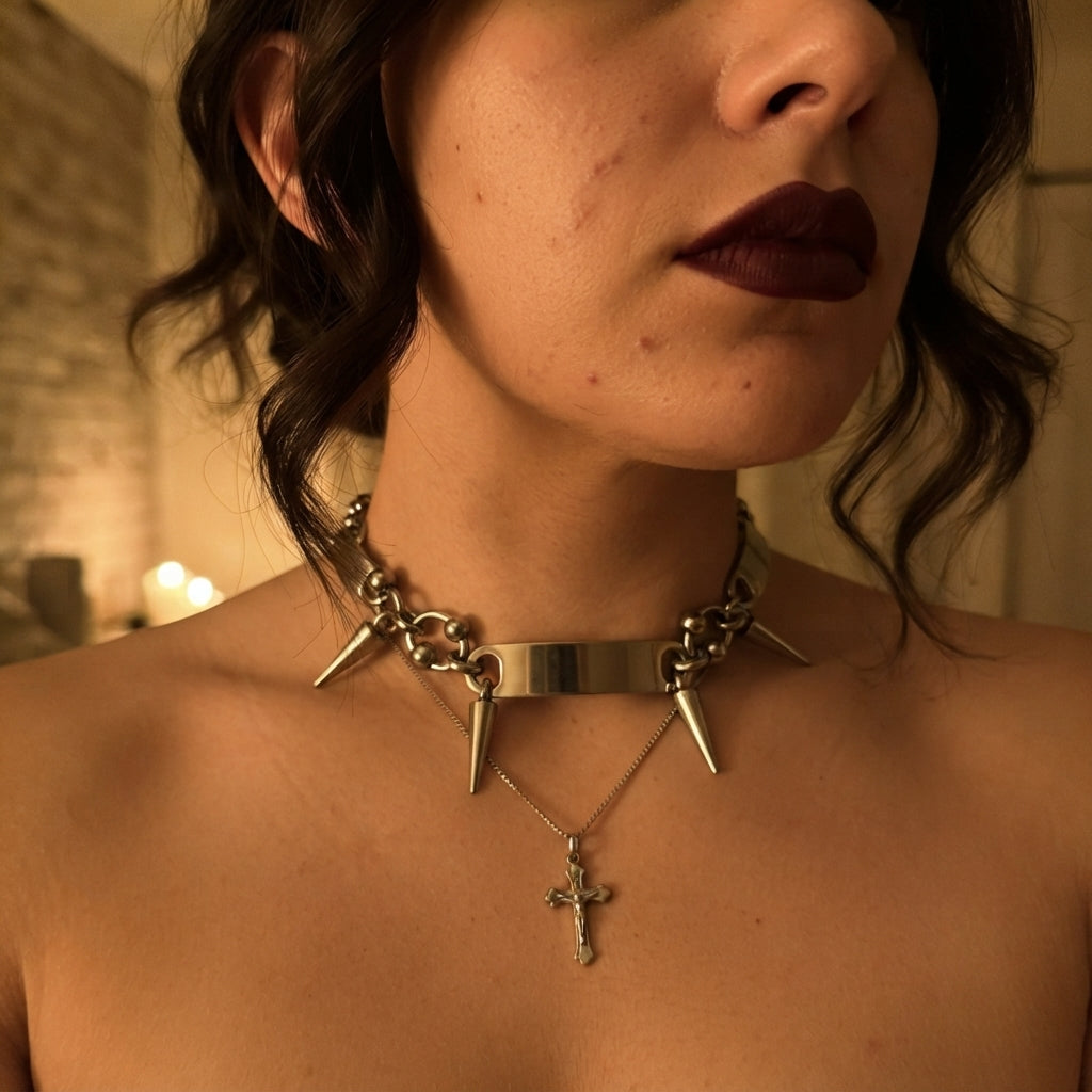 Chokerketting met spiegelstaafjes en hangende punten