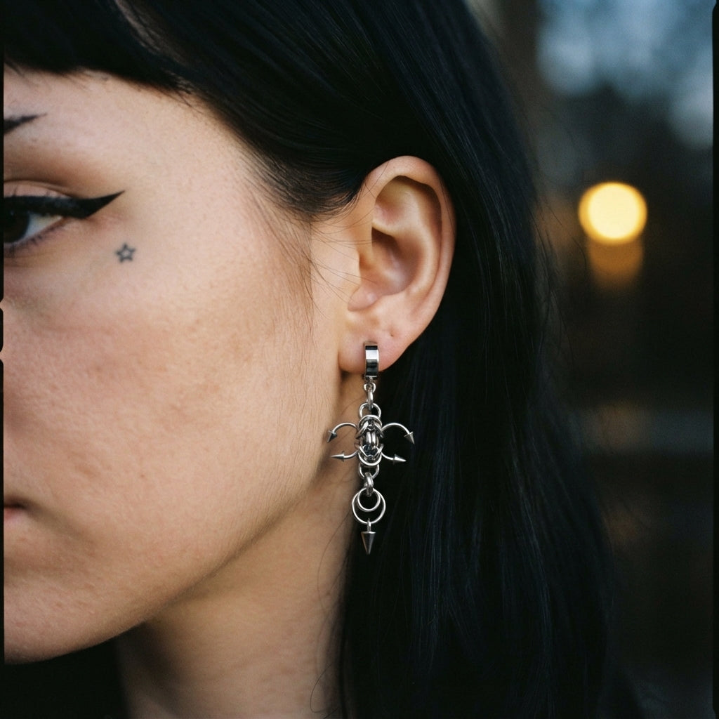 Four Spike Chainmail Cross Huggie Earrings