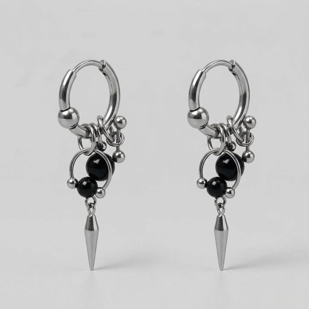 Black Onyx Bead Horseshoe Spike Charm Hoop Earrings