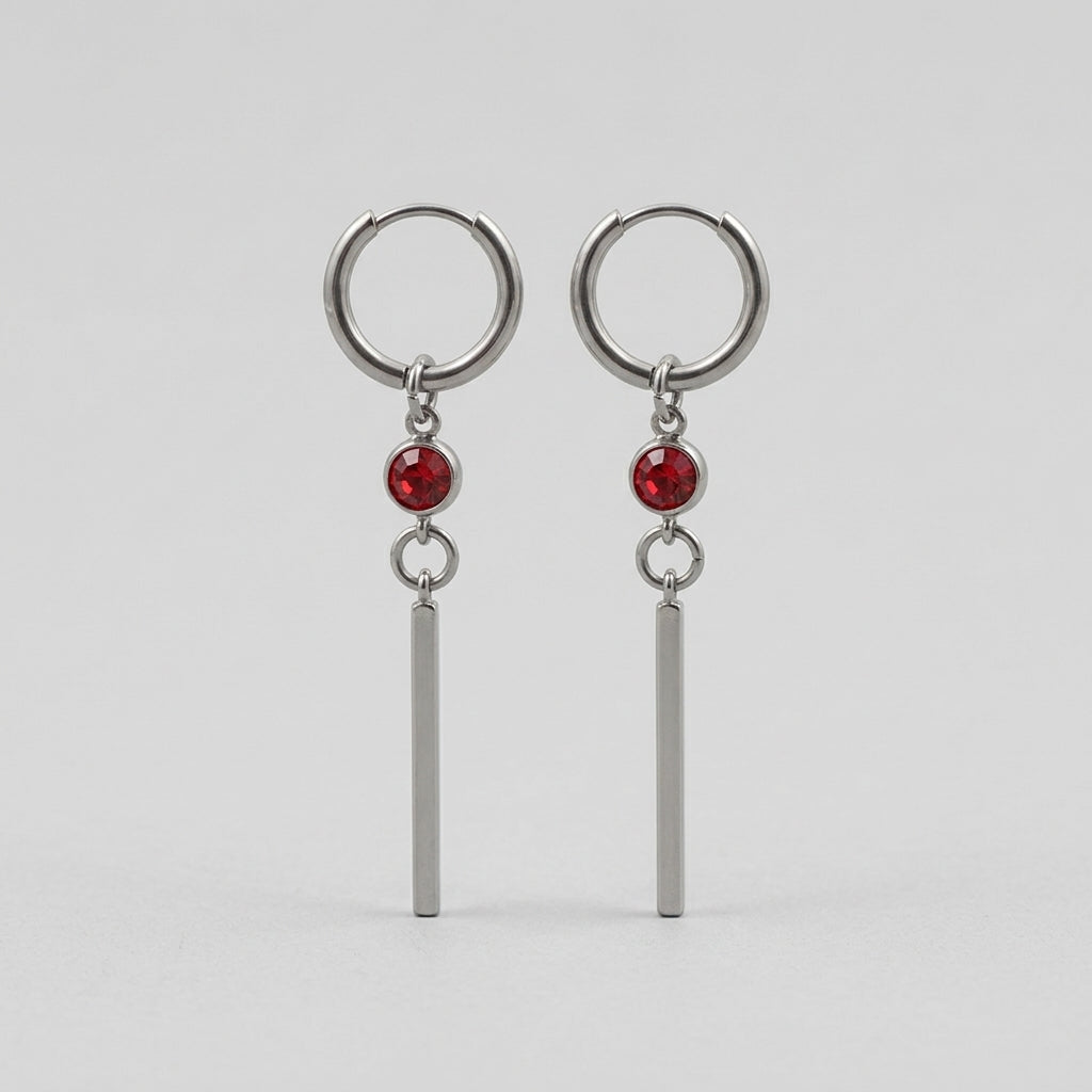 Ruby Red Crystal Long Bar Drop Hoop Earrings