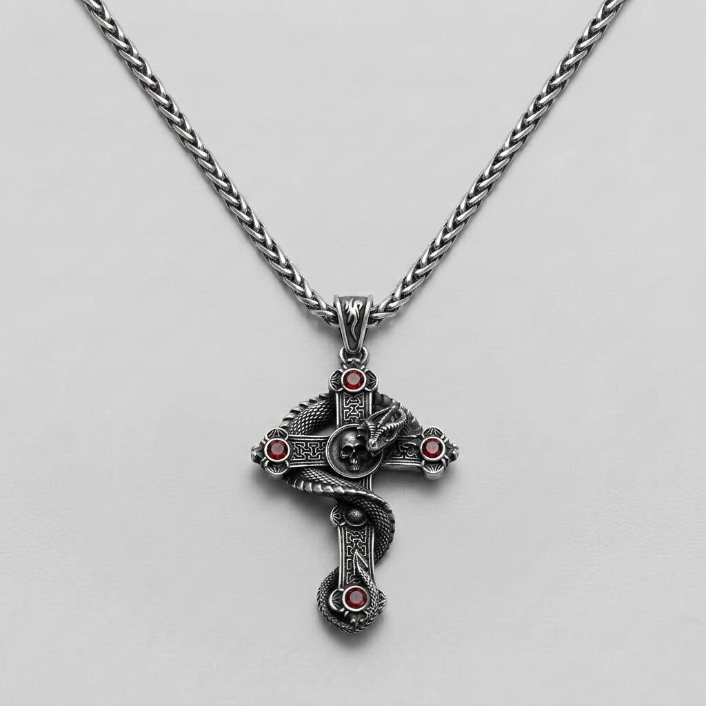 Snake and Skull Cross Necklace with Red Gemstones