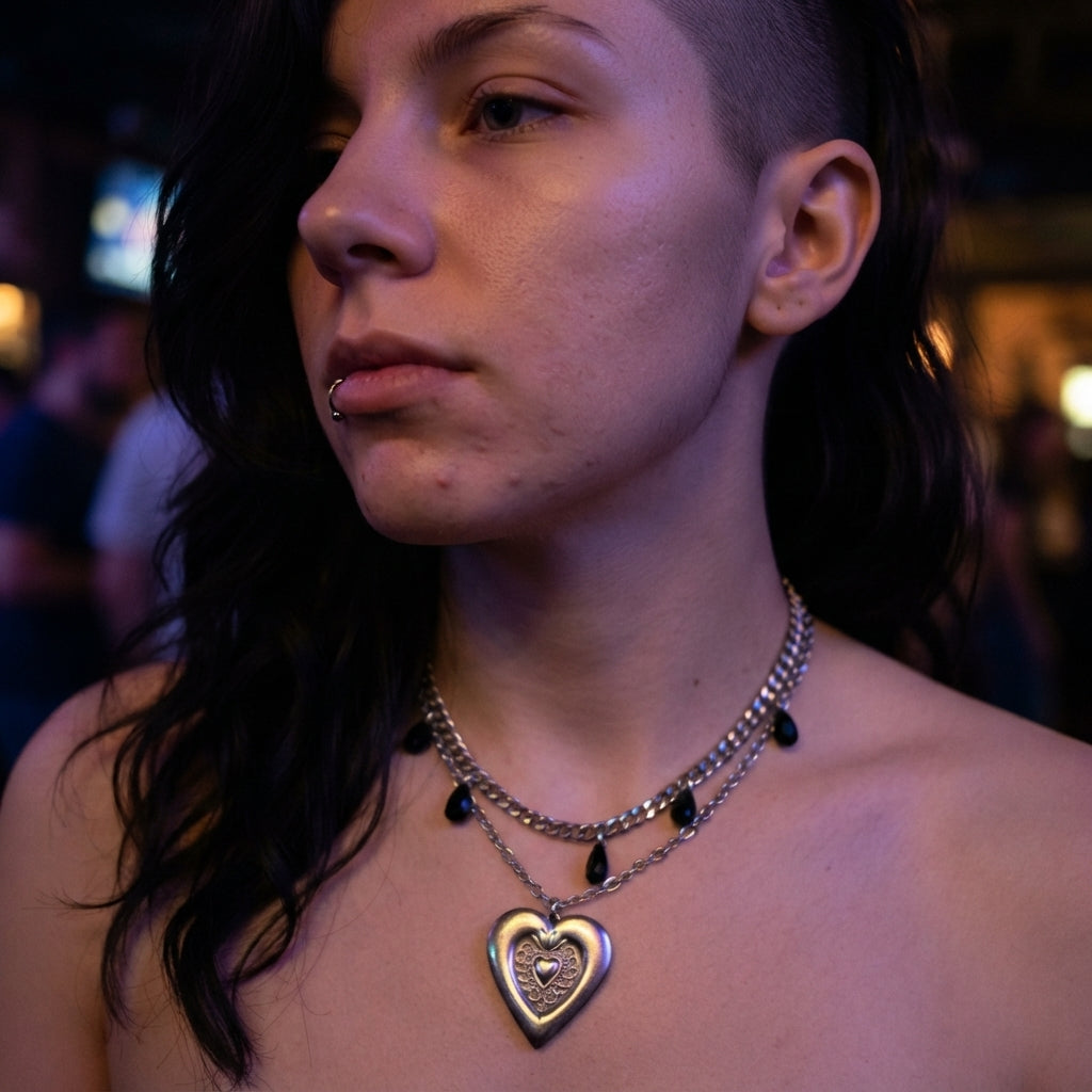 Black Teardrop Sacred Heart Layered Chain Necklace