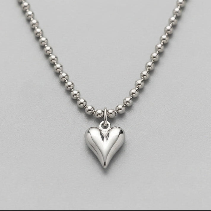 Puffy Heart Pendant Silver Bead Chain Necklace
