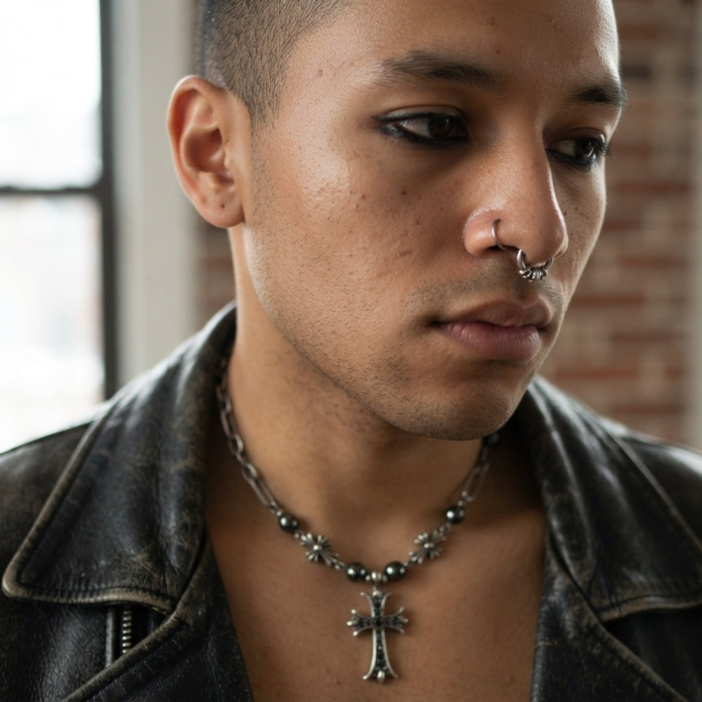 Black Crystal Cross & Hematite Bead Necklace
