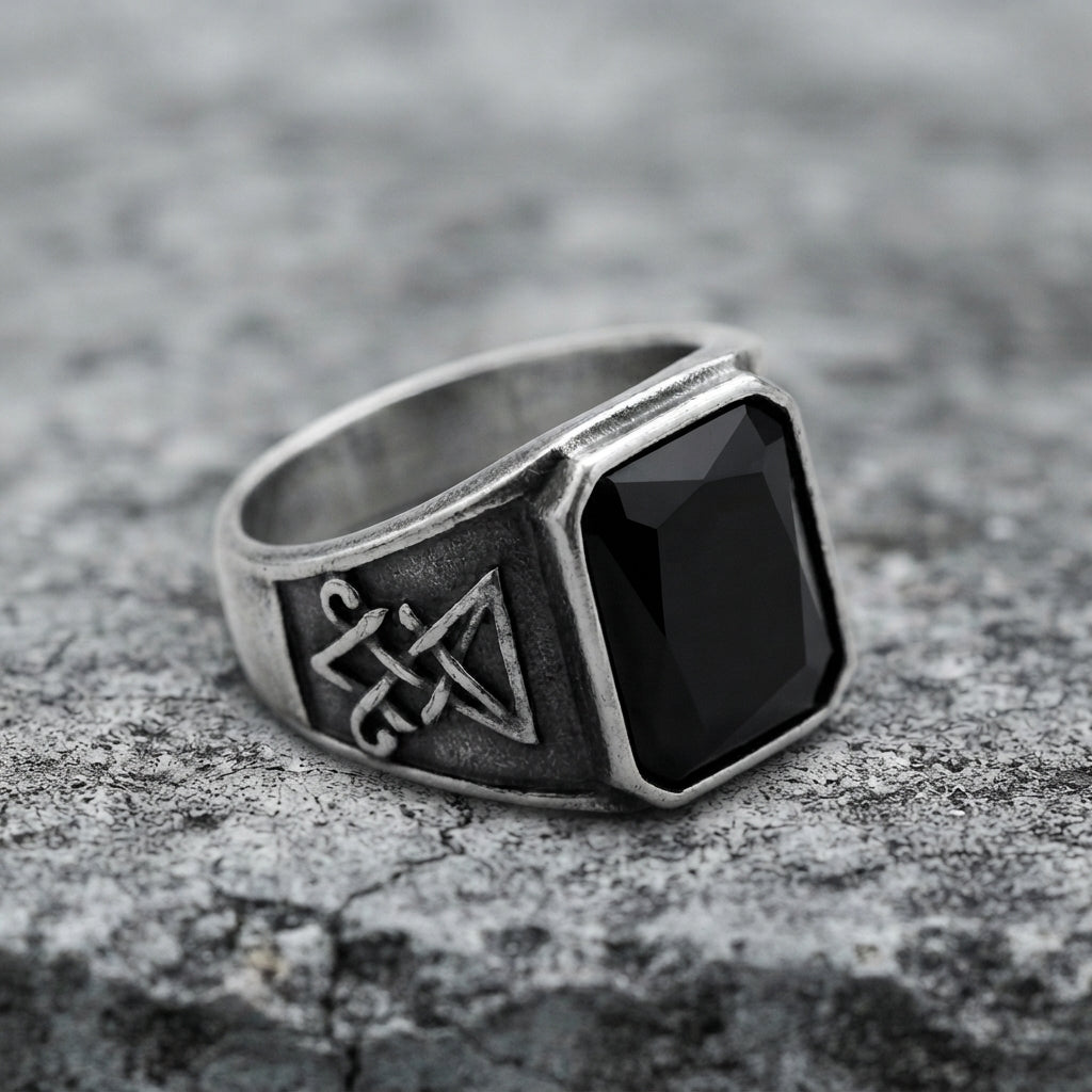 Signet Ring with Black Gemstone and Engraved Symbol