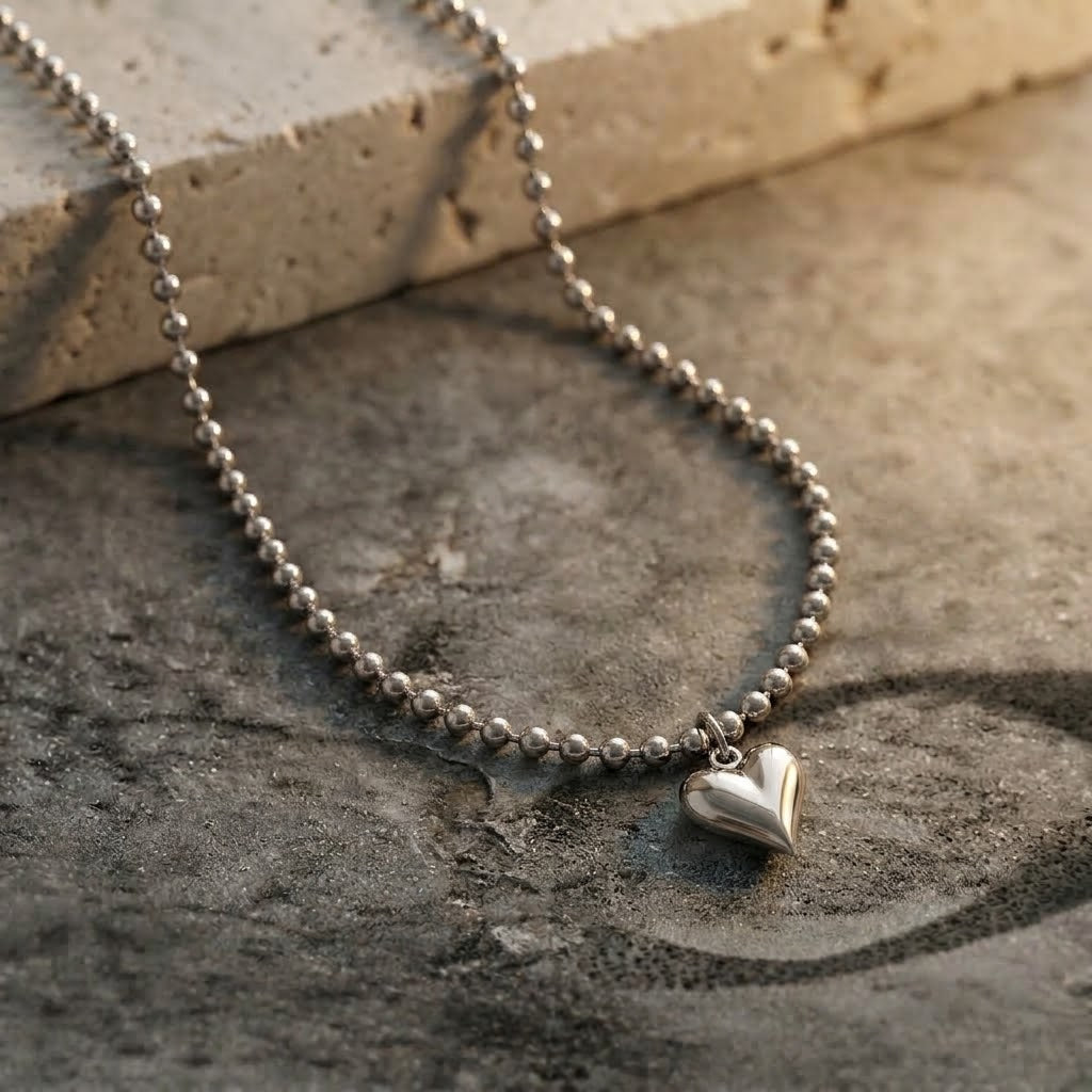 Puffy Heart Pendant Silver Bead Chain Necklace