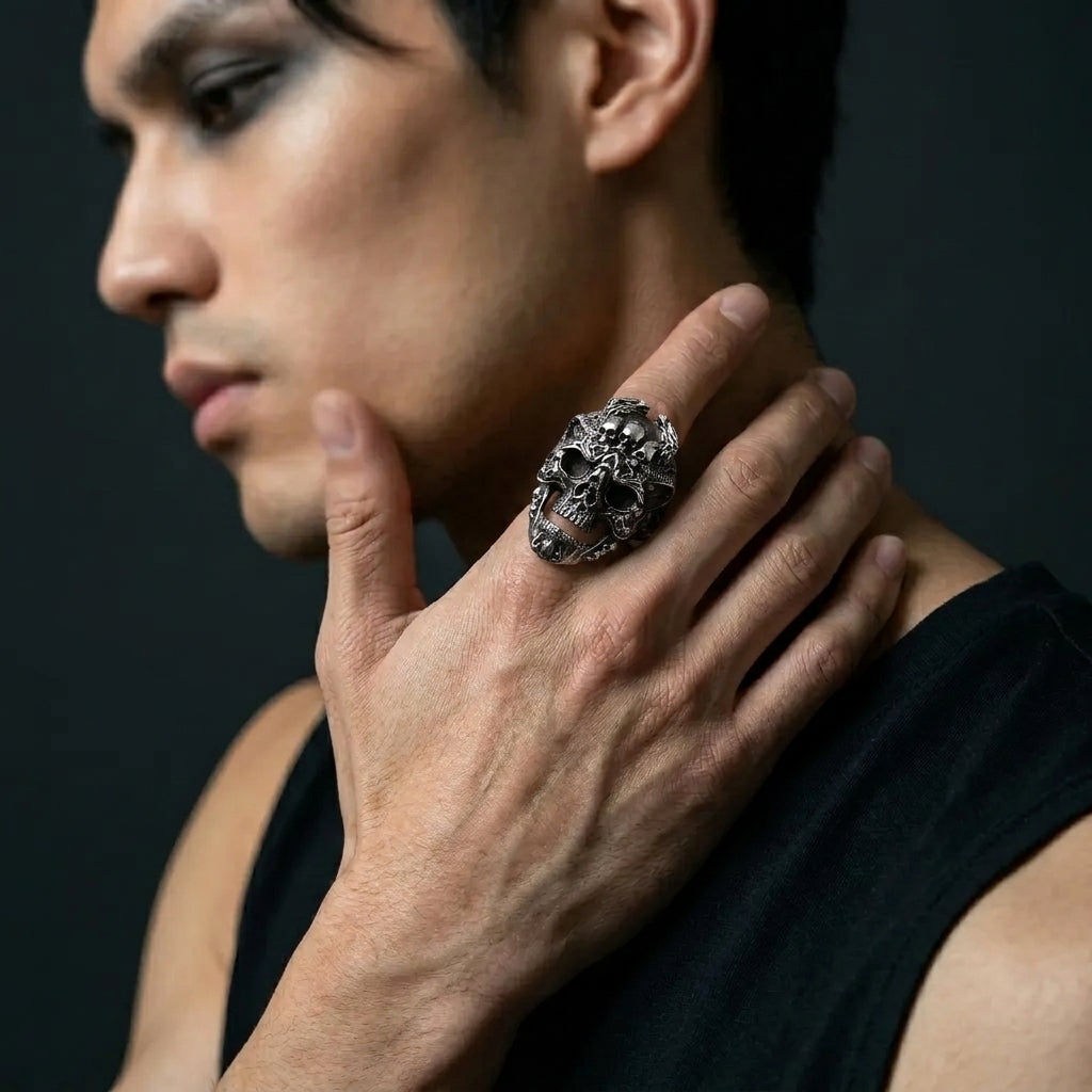 Skull Ring with Ornate Dragon and Filigree Detail