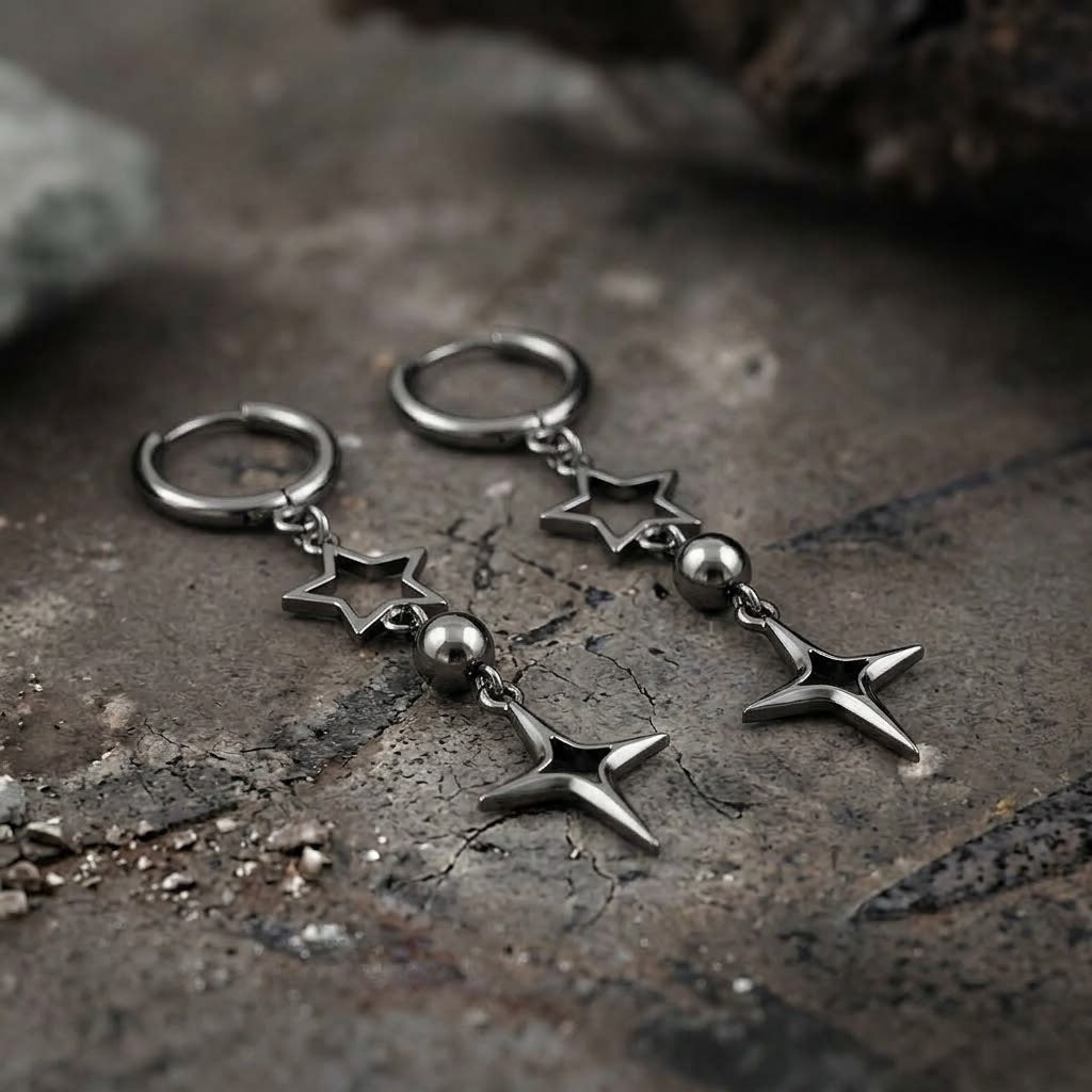 Gunmetal Star & North Star Drop Earrings