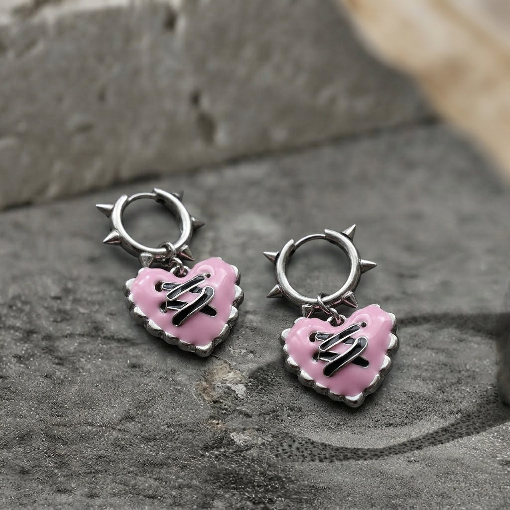 Stitched Pink Heart Spiked Huggie Earrings