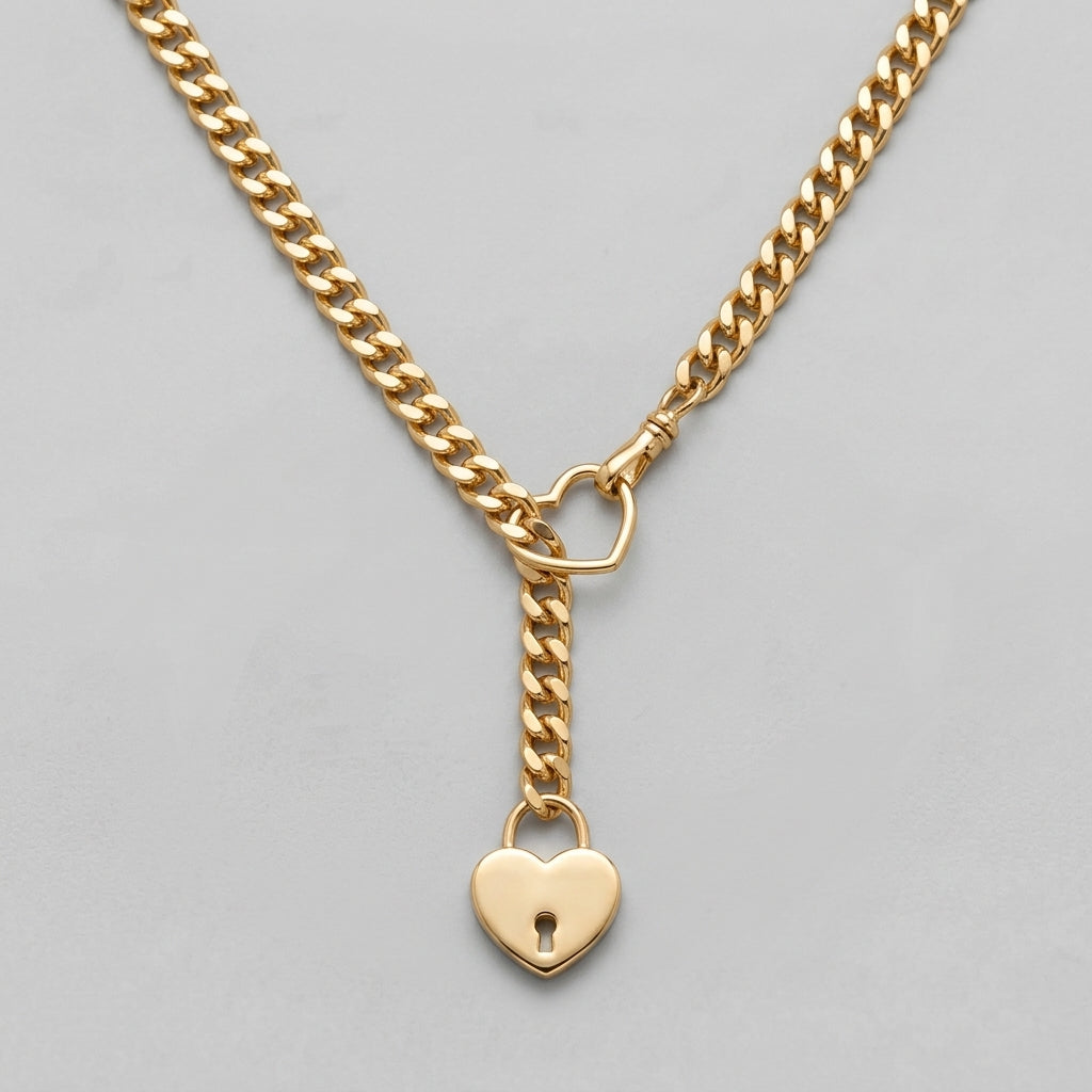 Gold Heart Padlock Ring Lariat Curb Chain Necklace