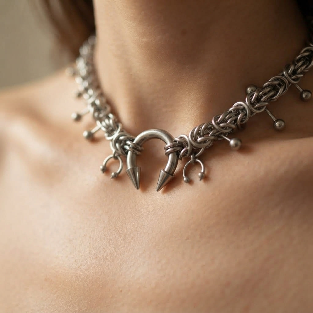 Horseshoe Spike Barbell Byzantine Chainmaille Choker Necklace