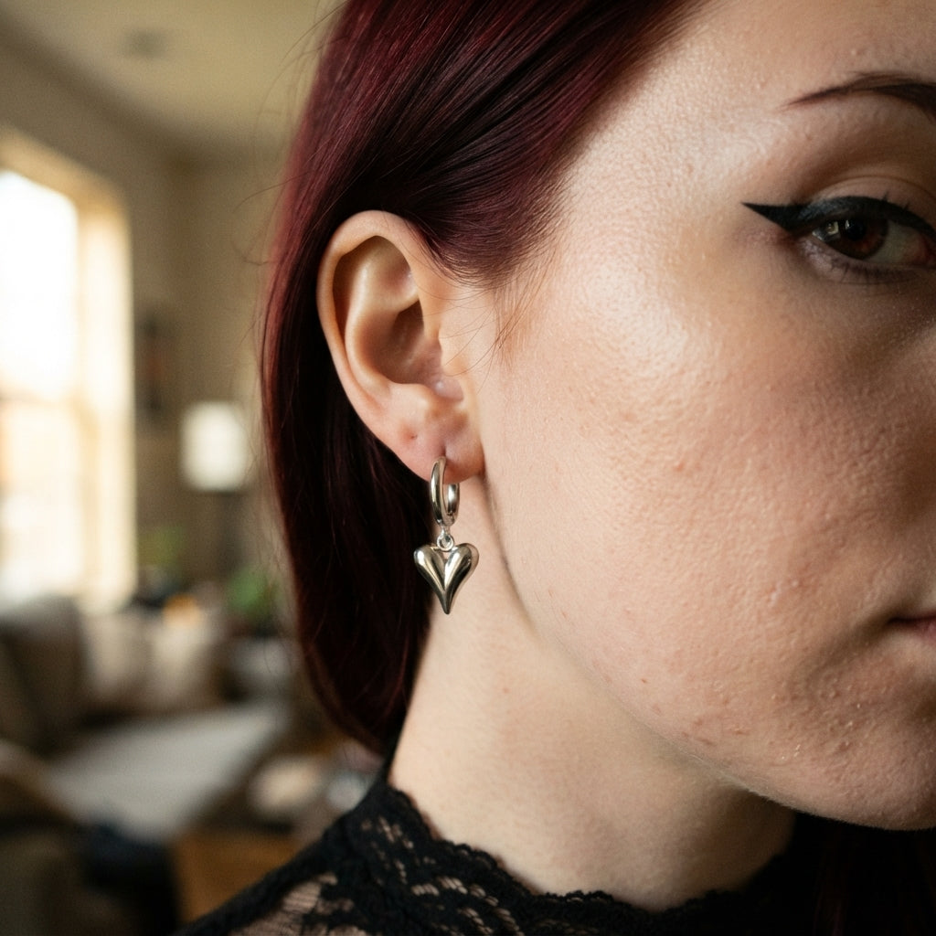 Puffy Heart Charm Huggie Hoop Earrings