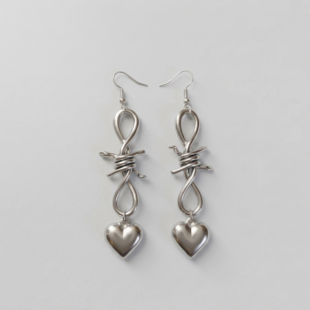Barbed Wire Black Heart Drop Earrings