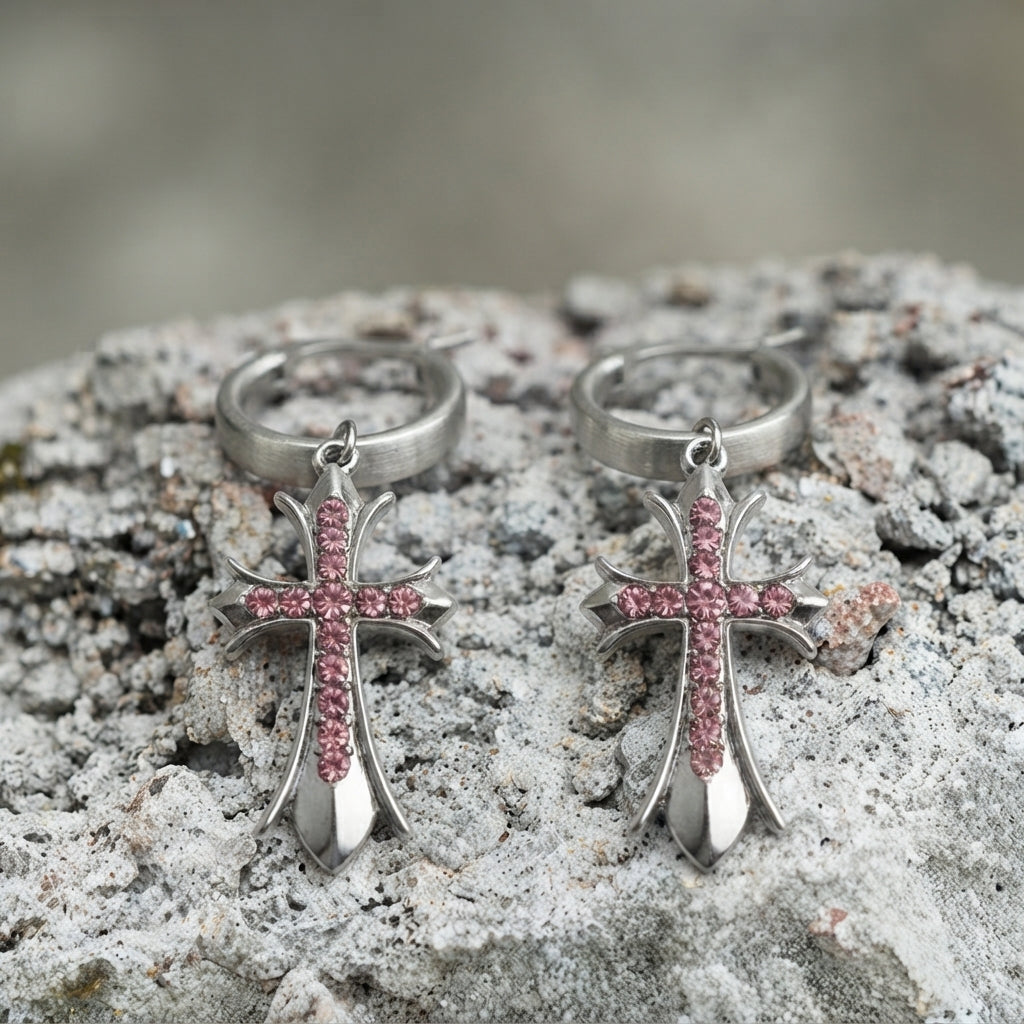 Pink Crystal Gothic Cross Hoop Earrings