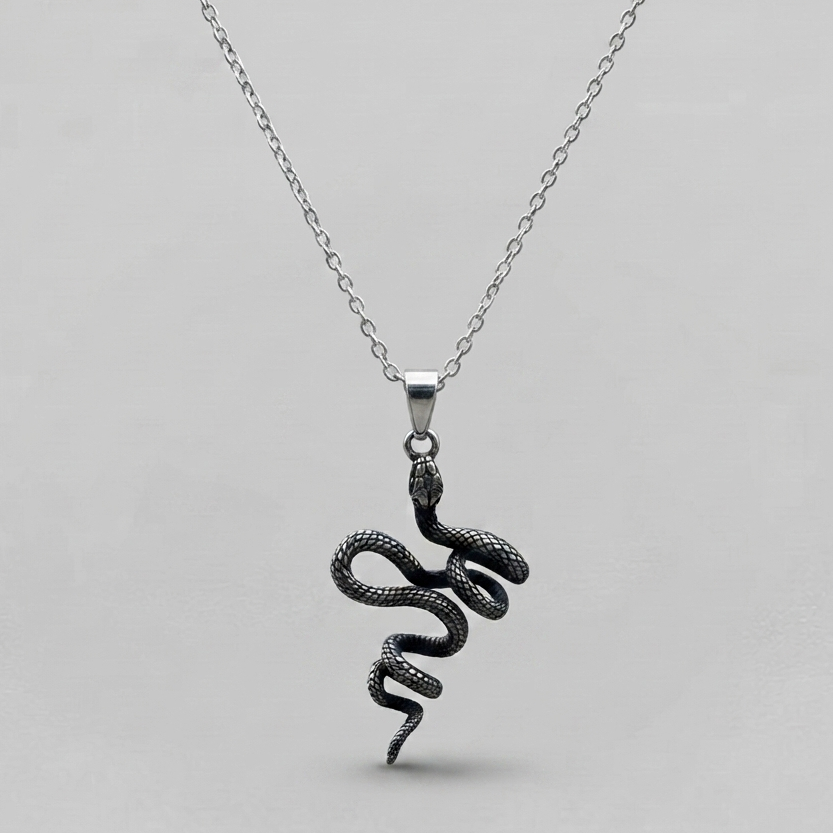 Oxidized Silver Snake Pendant Necklace