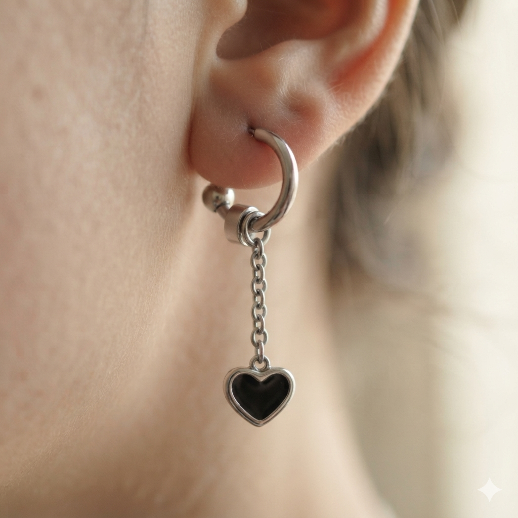 Black Enamel Heart Chain Drop C-Hoop Earrings