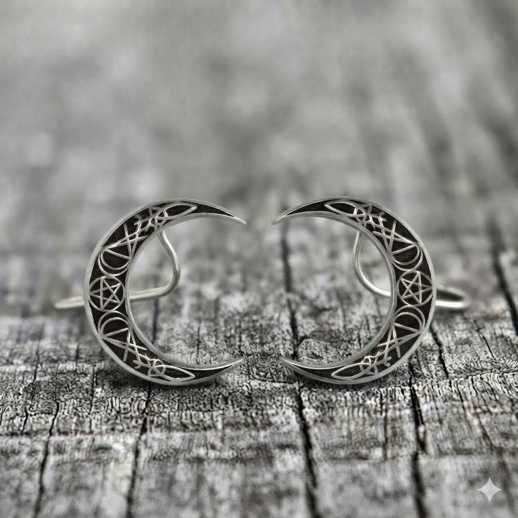Pagan Crescent Moon Pentagram Earrings