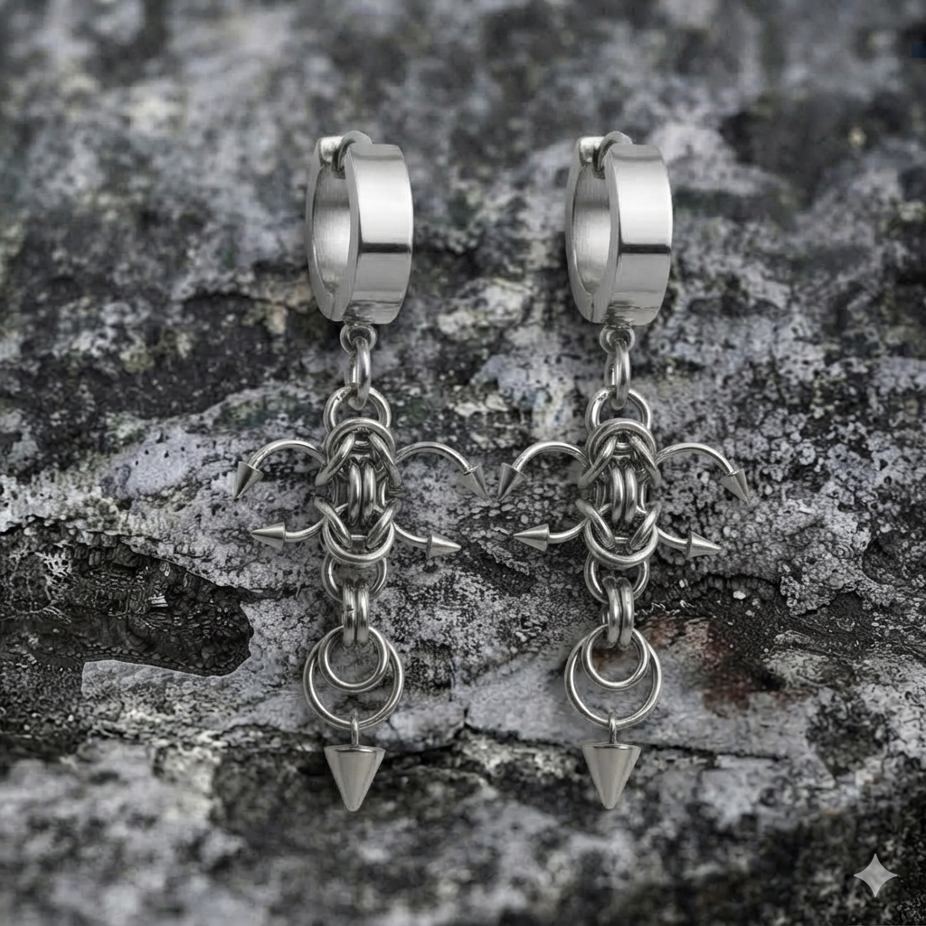 Four Spike Chainmail Cross Huggie Earrings