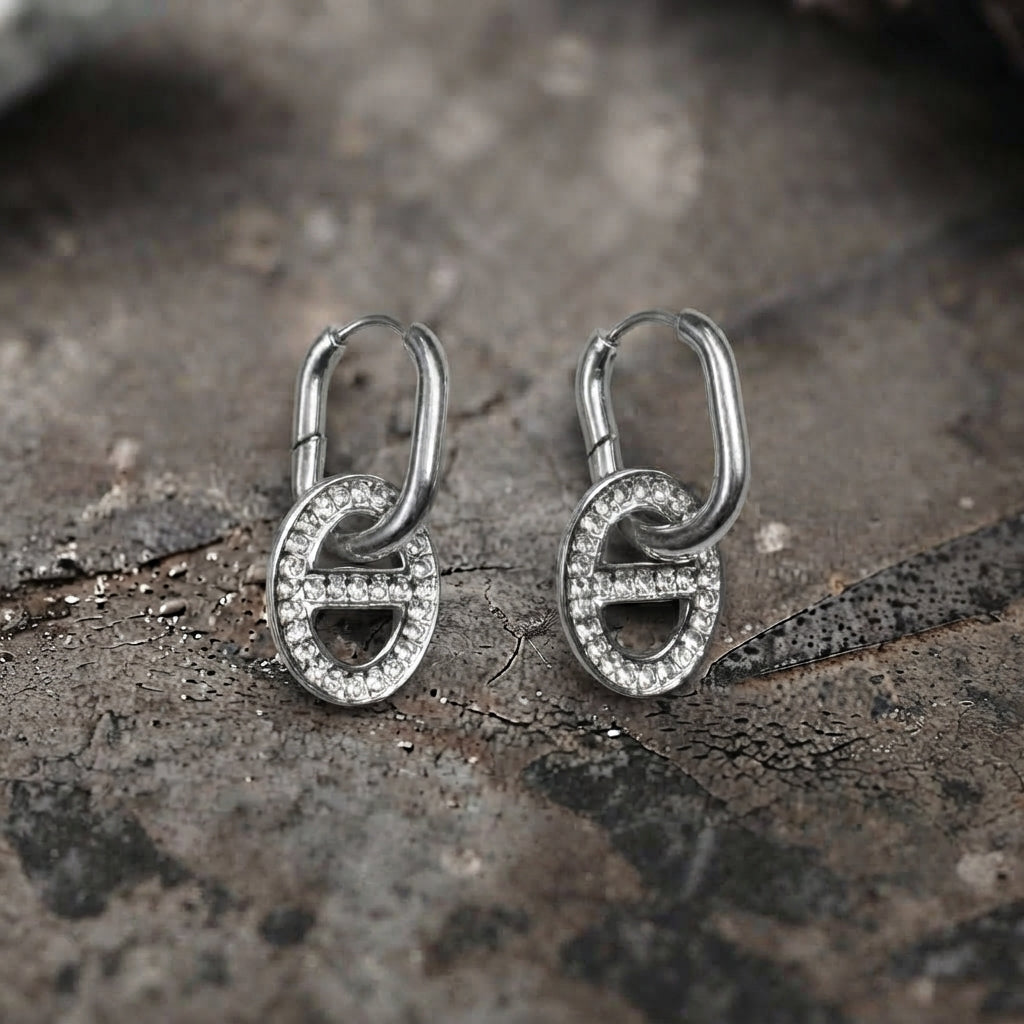 Pave Oval Link Drop Earrings