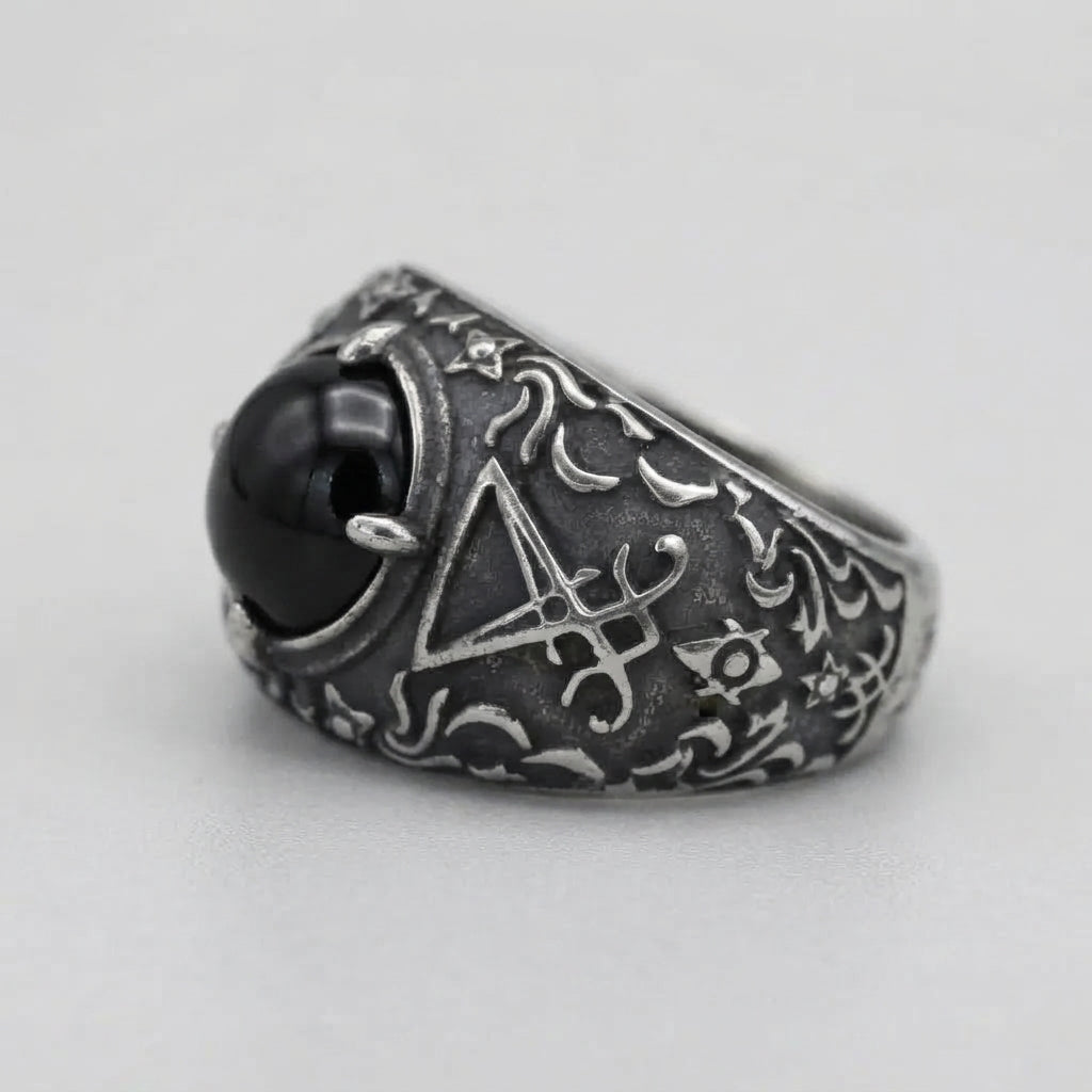 Black Onyx Sigil of Lucifer Baroque Ring