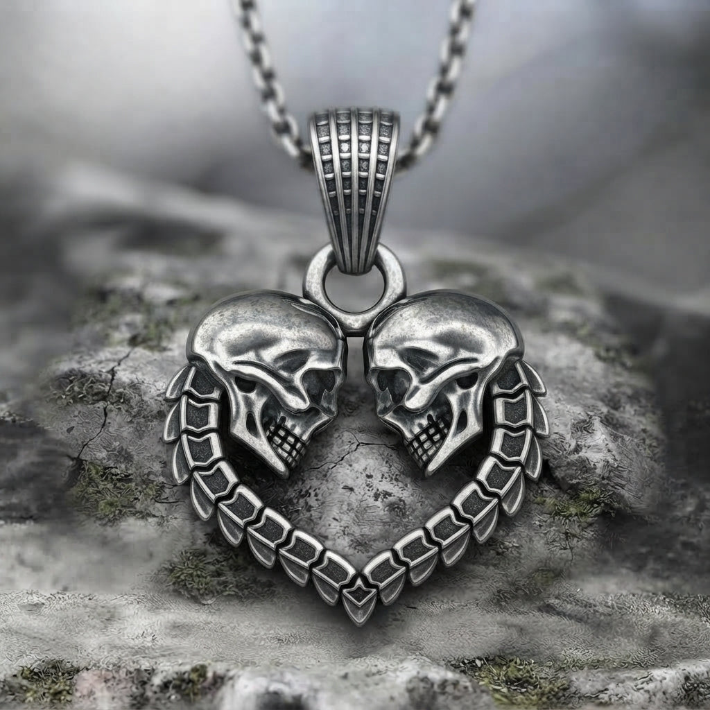 Twin Skull Heart Necklace