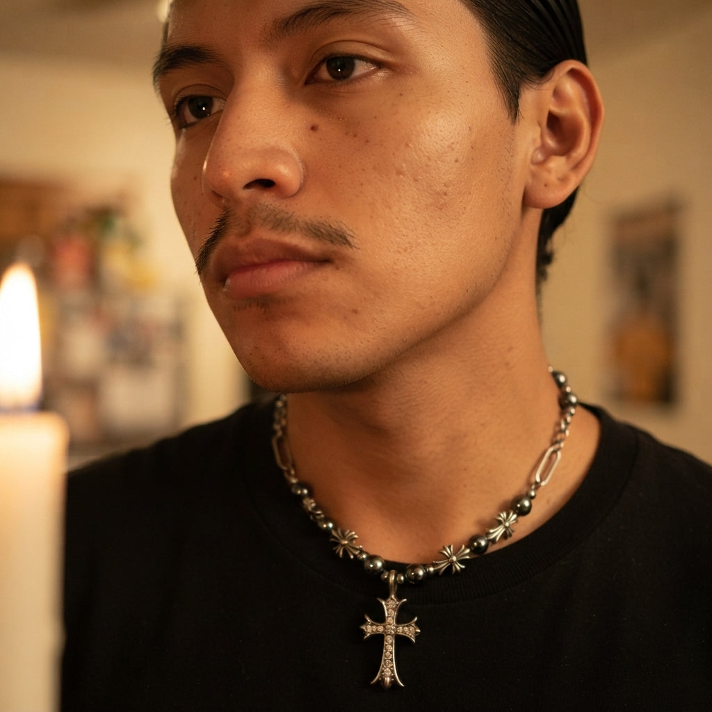 Crystal Cross & Cross Bead Figaro Necklace