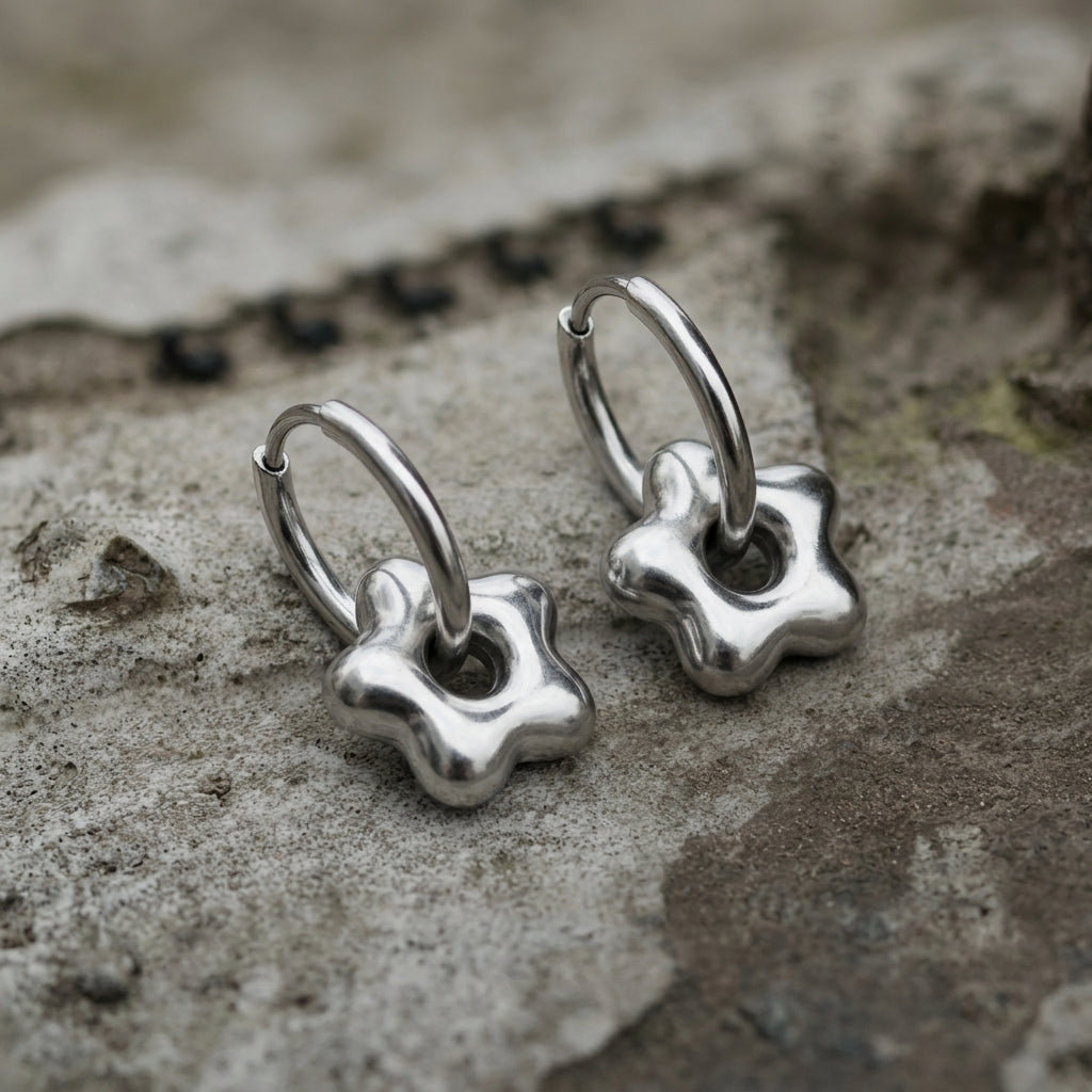 Puffy Chrome Flower Charm Hoop Earrings