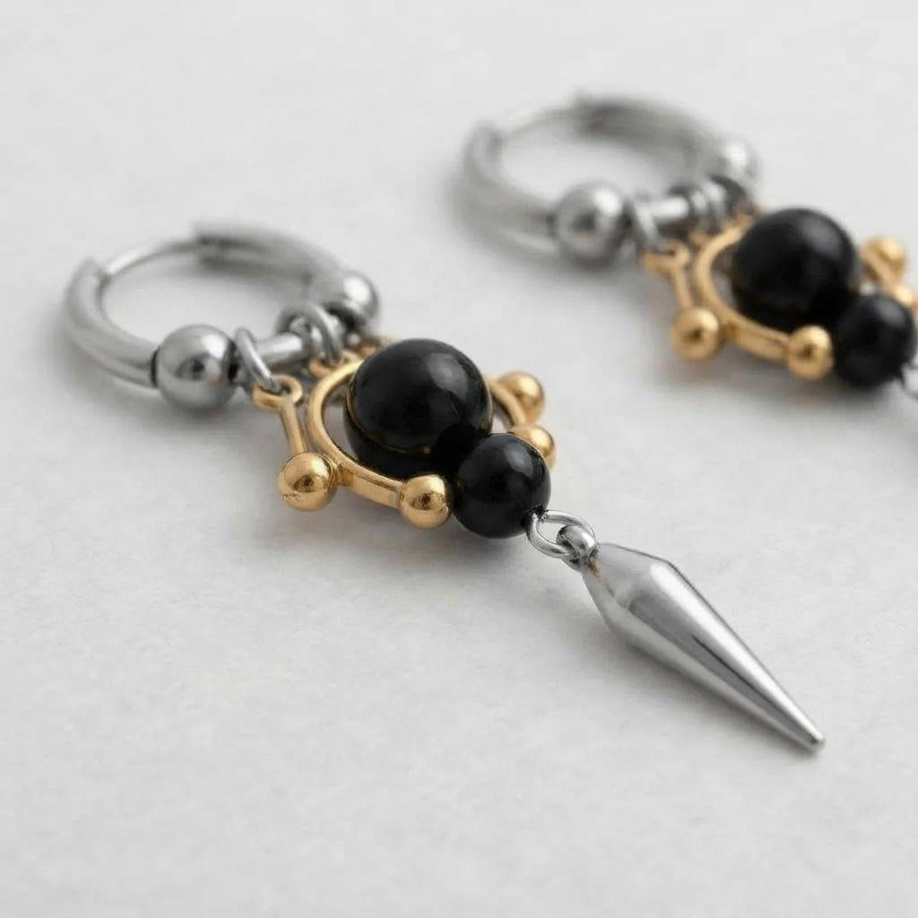 Onyx & Gold Bead Spike Earrings