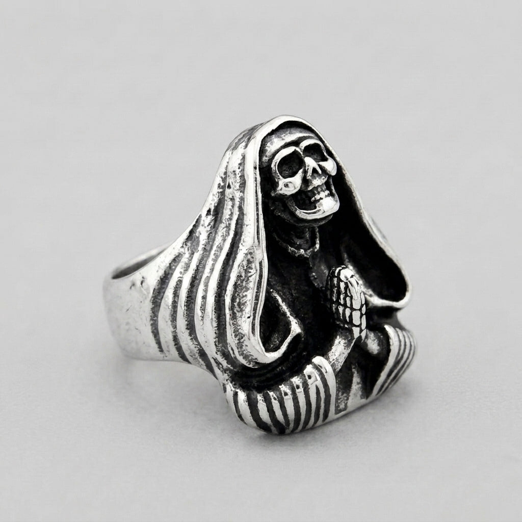 Hooded Grim Reaper Ring with Praying Skeleton Hands