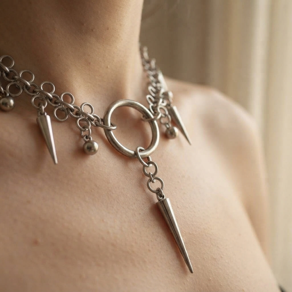 Spike & Ball Fringe O Ring Chainmail Choker