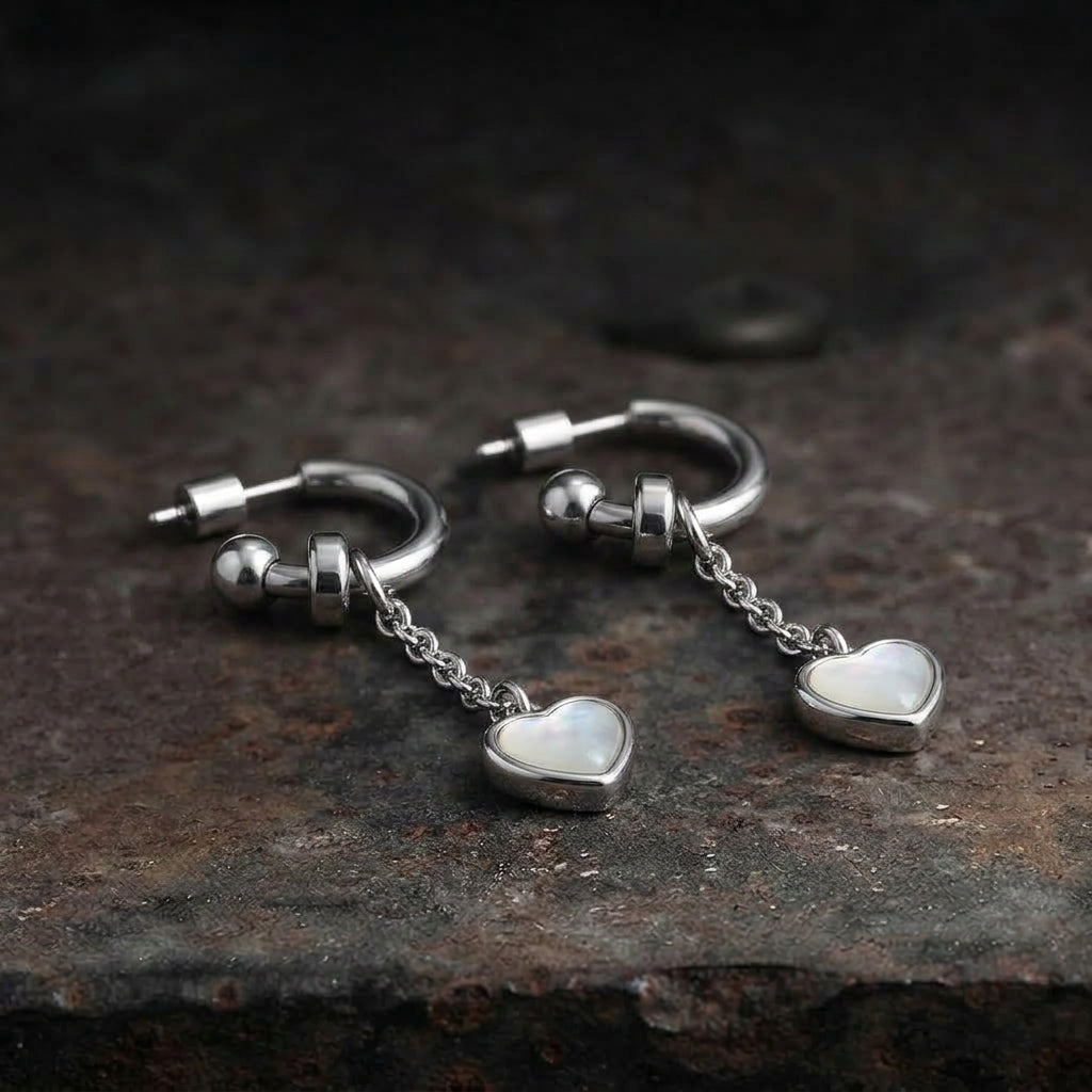 Mother of Pearl Heart Chain Drop C-Hoop Earrings