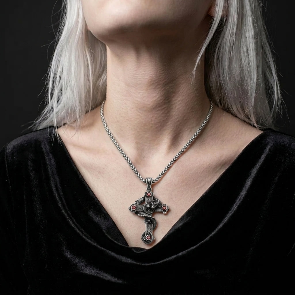 Snake and Skull Cross Necklace with Red Gemstones