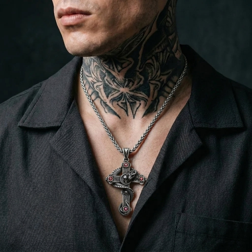 Snake and Skull Cross Necklace with Red Gemstones