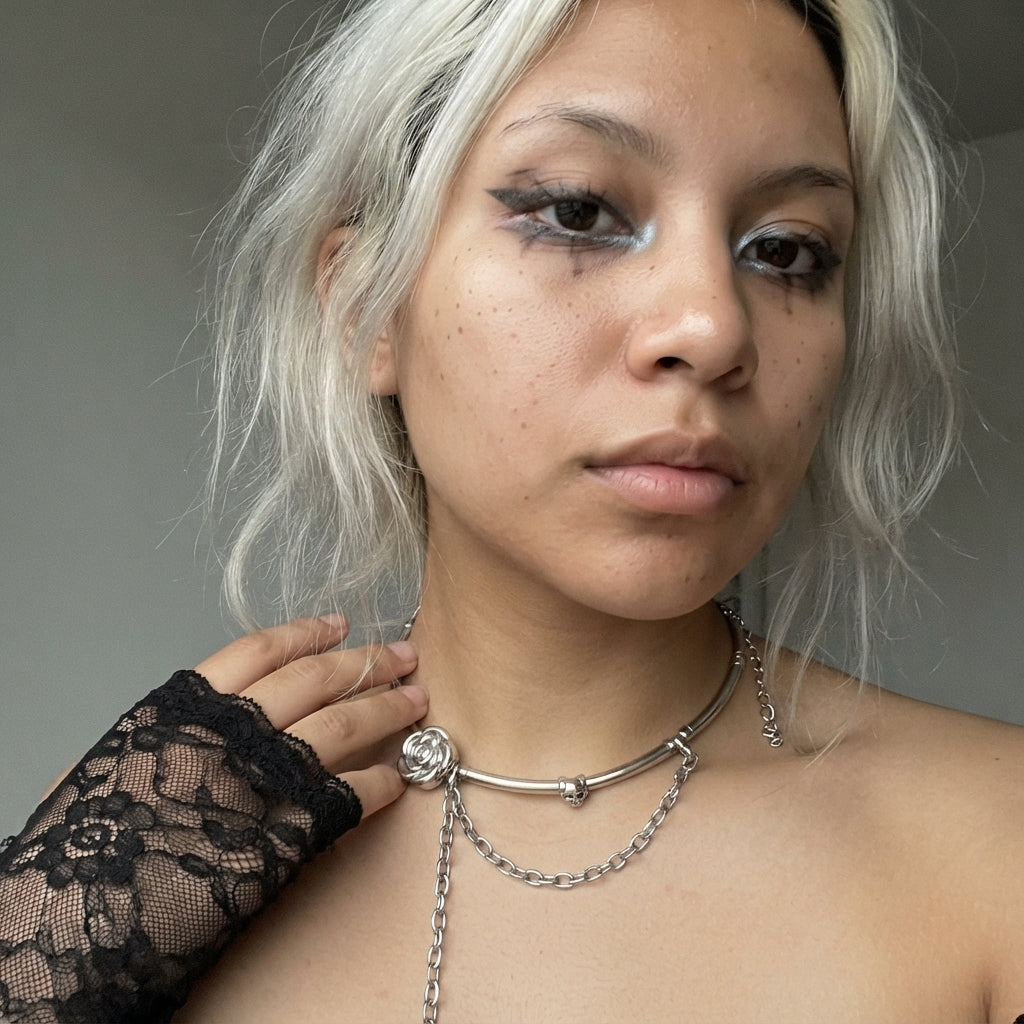 Silver Rose Draped Chain Collar Necklace