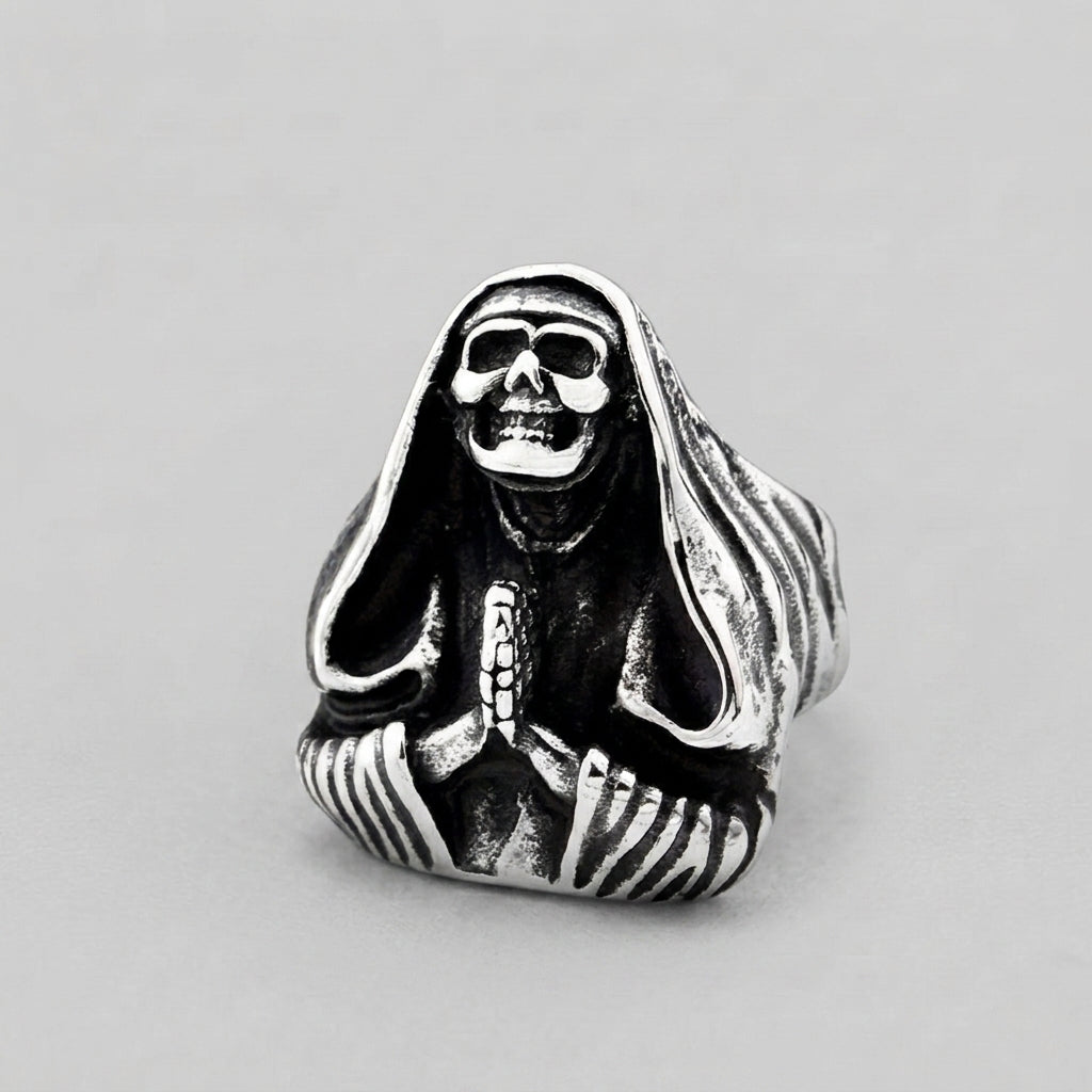 Hooded Grim Reaper Ring with Praying Skeleton Hands