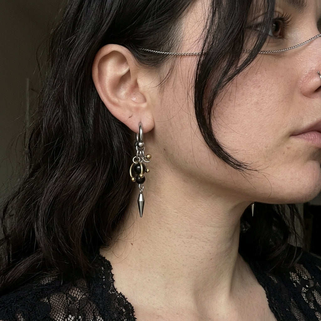 Onyx & Gold Bead Spike Earrings