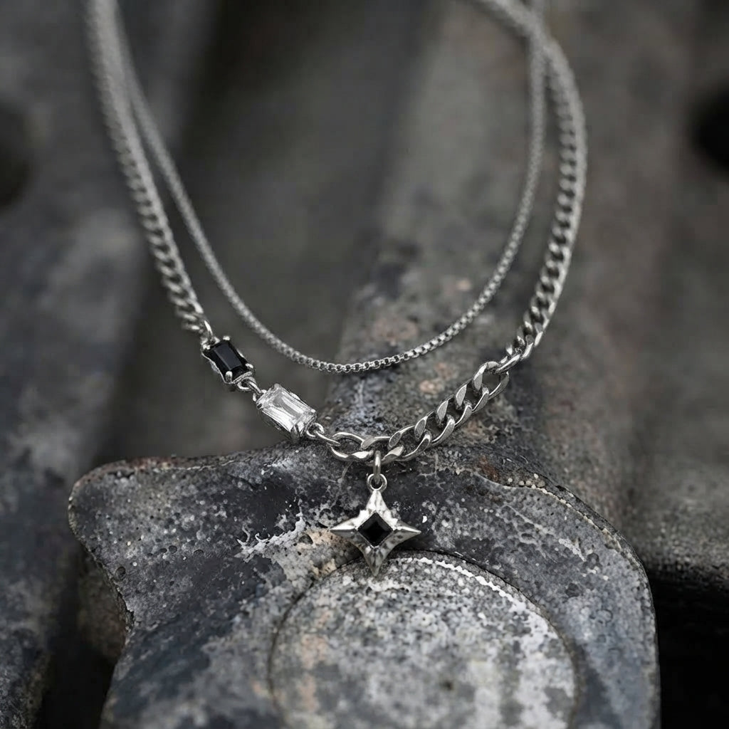Double Layer Crystal Baguette & Star Charm Necklace