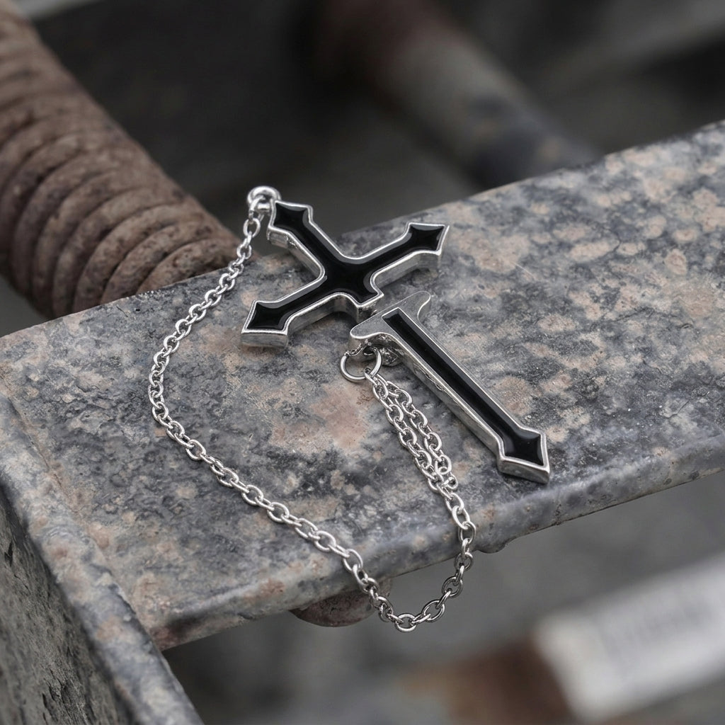 Black Enamel Cross & Dagger Chain Earring