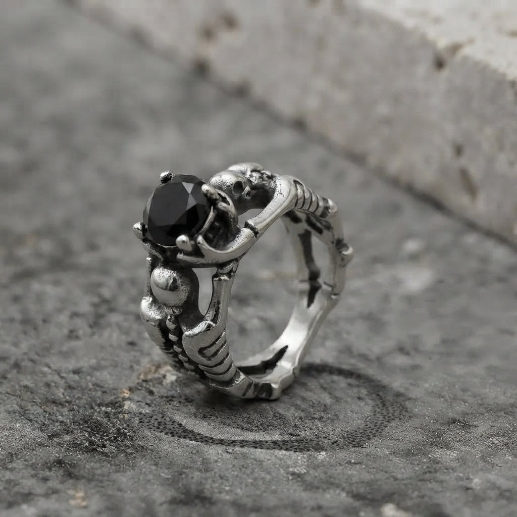 Twin Skeleton Embrace Black Gem Ring
