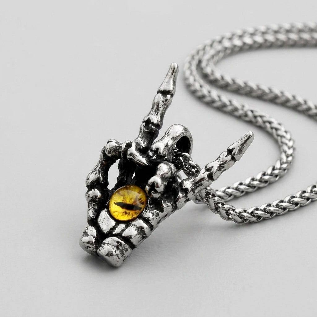 Skeleton Hand Rock Sign Necklace with Dragon Eye Pendant
