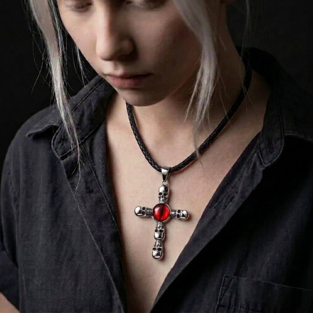Skull Cross Necklace with Red Dragon Eye Pendant