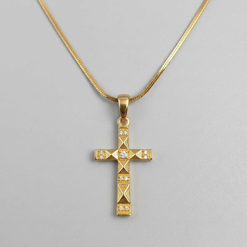 Gold Faceted Pyramid Crystal Cross Snake Chain Necklace