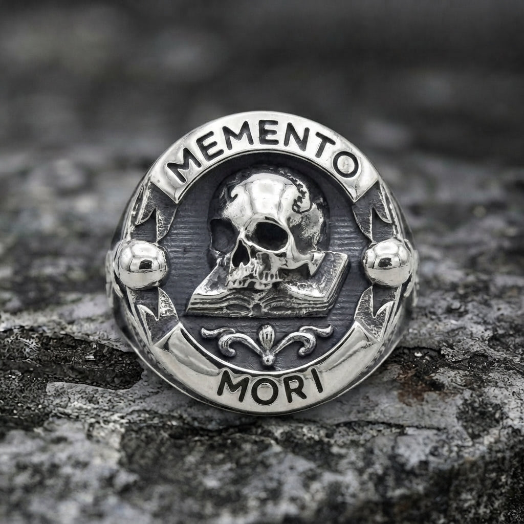 Memento Mori Skull Open Book Signet Ring
