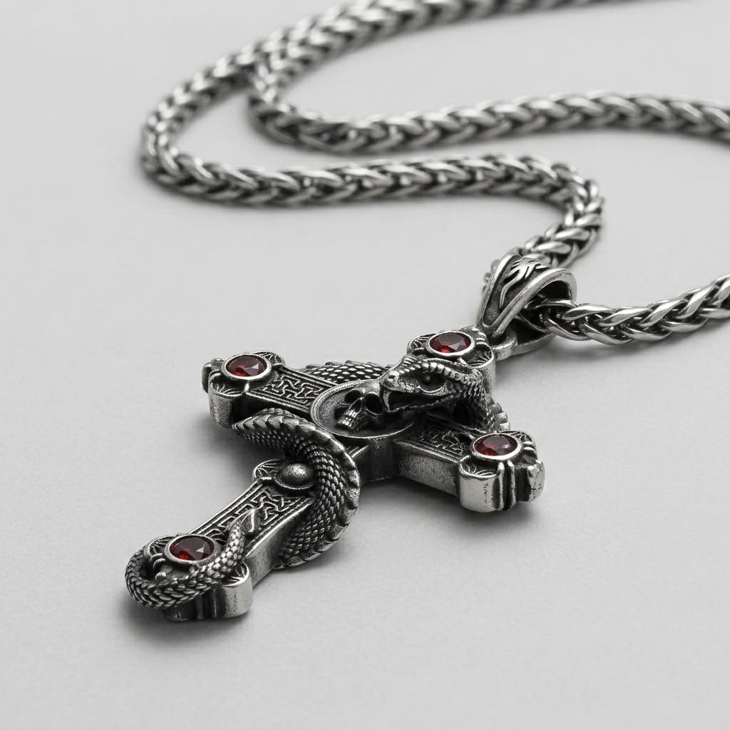 Snake and Skull Cross Necklace with Red Gemstones