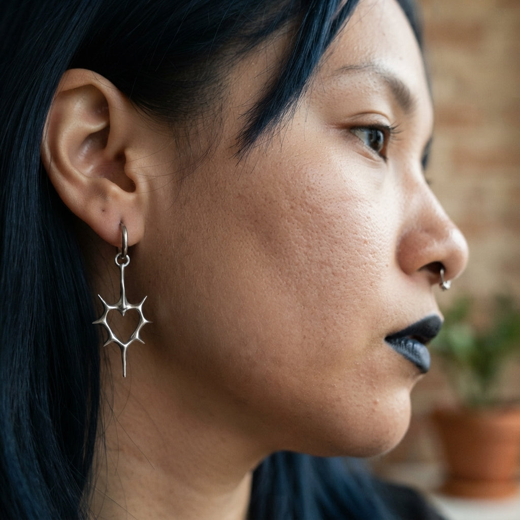 Thorned Heart Spike Drop Hoop Earrings